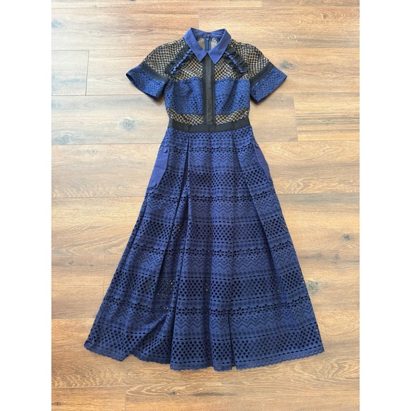 Self-Portrait Dresses & Skirts - Self-Portrait Navy Blue Guipure Lace Mesh Midi Dress Collared Short Sleeve US 2